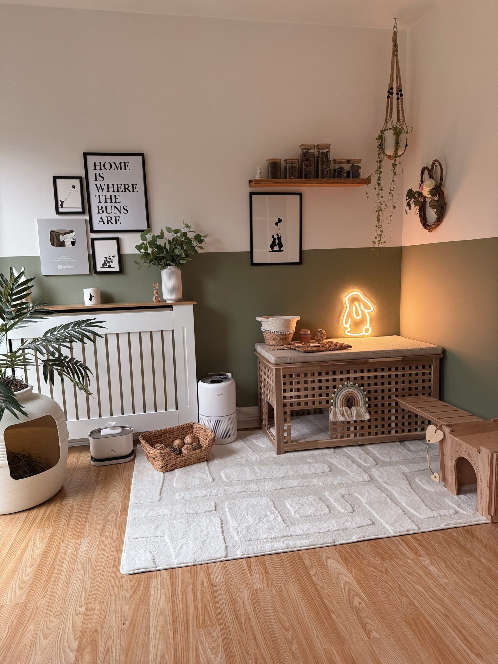 Indoor rabbit room for free roam rabbits, with plant litter box, IKEA HOL with litter box inside, wooden castle, chew toys, enrichment and lots of bunny decor
