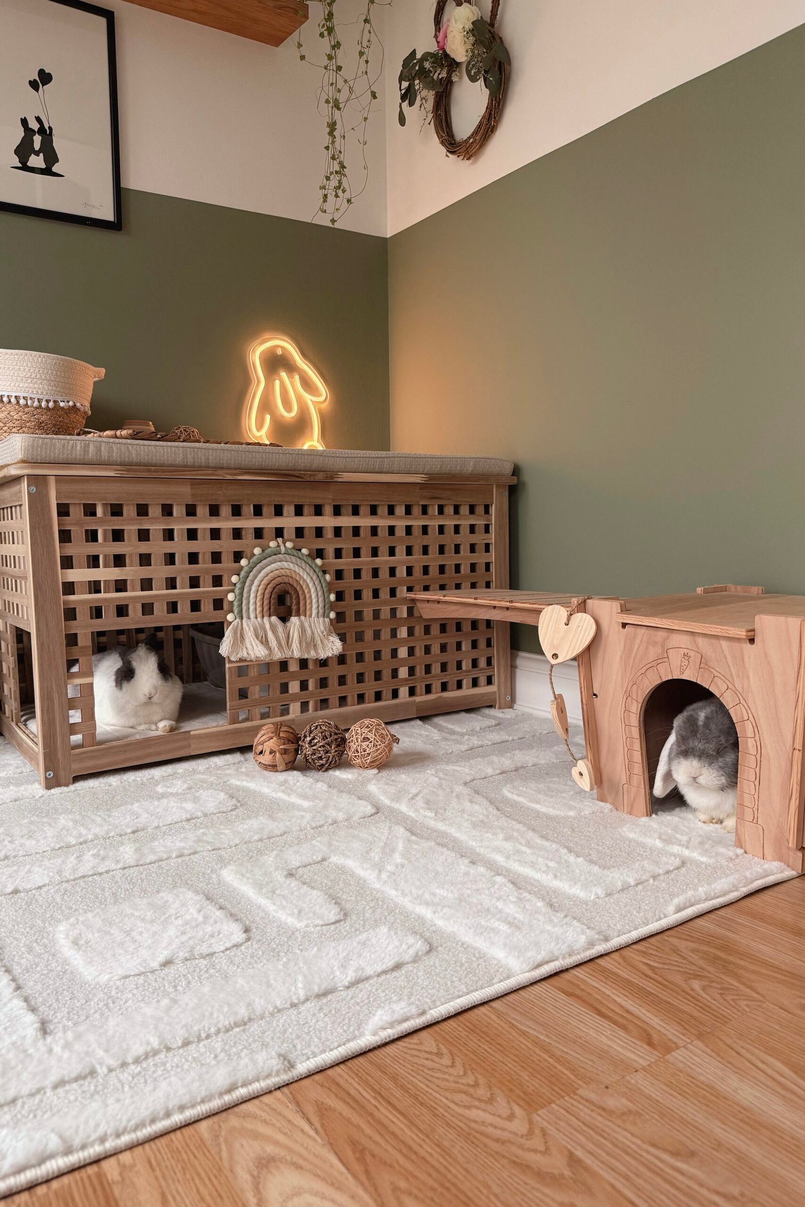 indoor bunny room with wooden castle set up and IKEA HOL